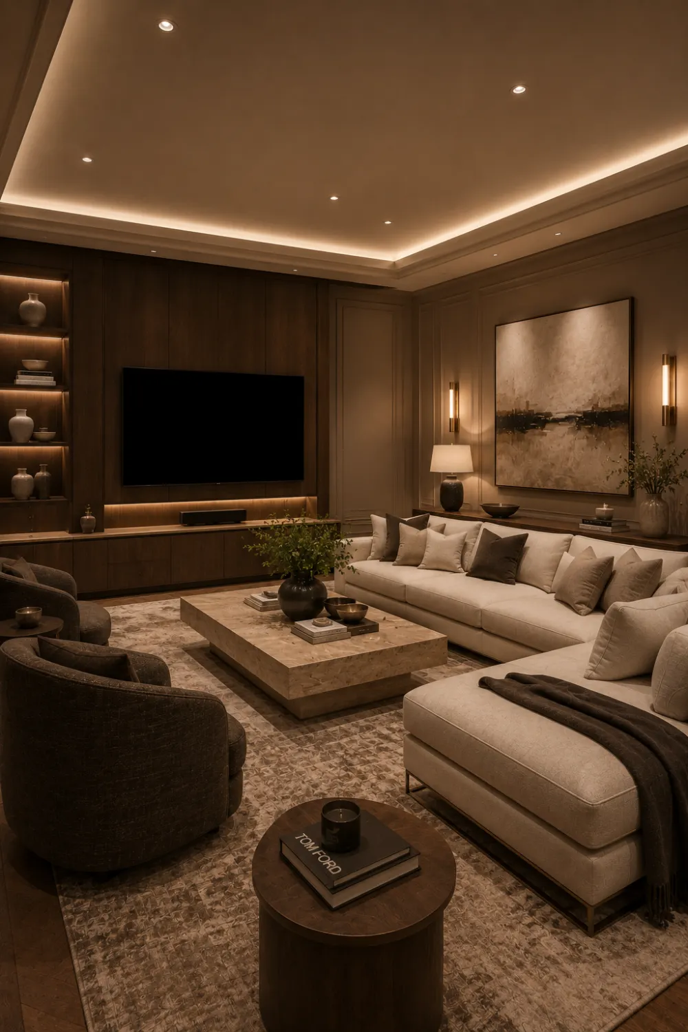 Luxury Mocha Latte living room featuring warm brown walls, cream sectional sofa, walnut paneling, stone coffee table, ambient lighting, designer accessories, and cozy high end home decor.