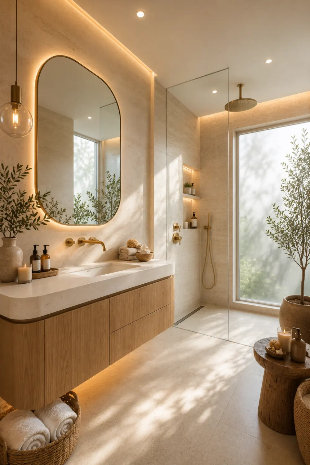 Organic modern bathroom featuring creamy stone walls, floating light oak vanity, oversized rounded backlit mirror, frameless glass shower, brushed brass fixtures, natural wood accents, woven baskets, candles, indoor plants, and warm natural sunlight creating a calming luxury spa bathroom.