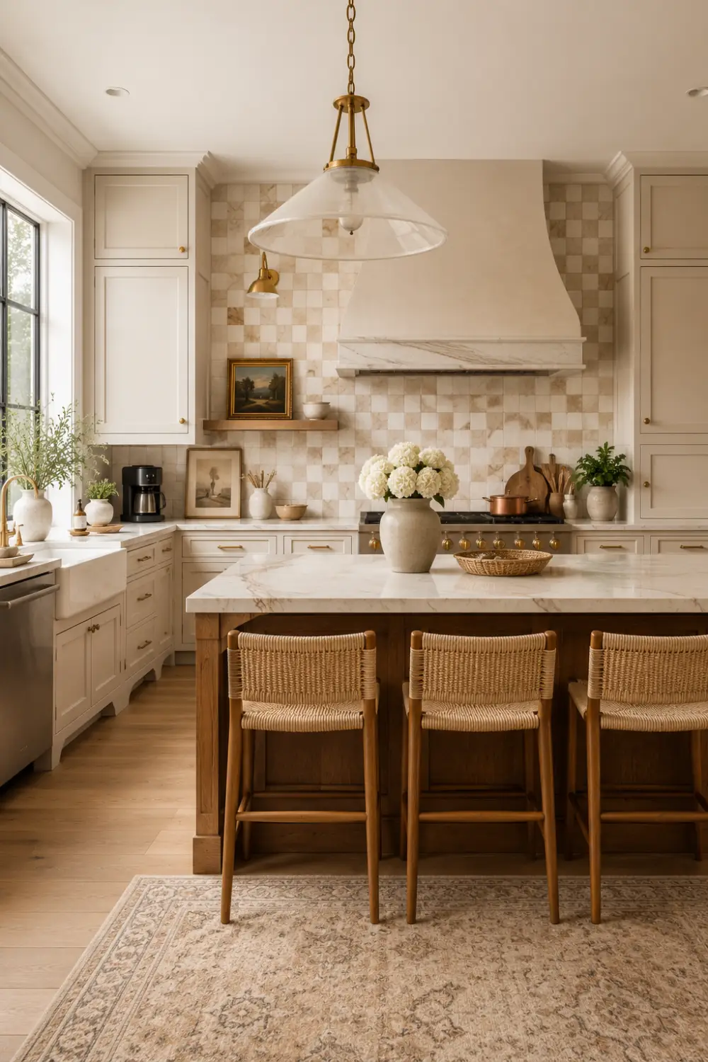 Luxury checkerboard stone tile kitchen backsplash featuring soft cream and beige natural stone tiles with marble countertops, warm wood cabinetry, woven bar stools, brass fixtures, and elegant designer finishes. This timeless kitchen combines classic patterns with modern organic styling for a bright and welcoming atmosphere.