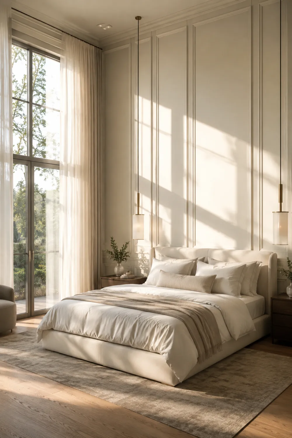 Full-height wainscoting in a luxury bedroom featuring floor-to-ceiling wall panels, upholstered bed, neutral color palette, large windows, soft natural light, and elegant modern interior styling.