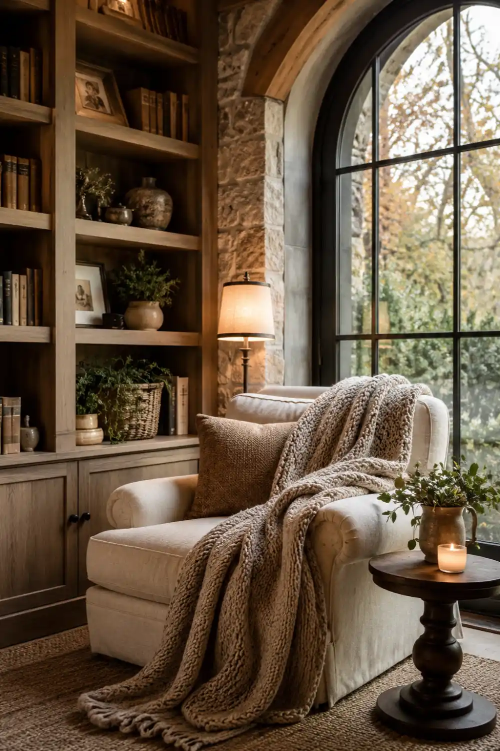 Charming reading nook featuring a plush armchair, chunky knit blanket, built-in bookshelves, warm table lamp, arched window, decorative pillows, and cozy neutral decor designed for relaxation.