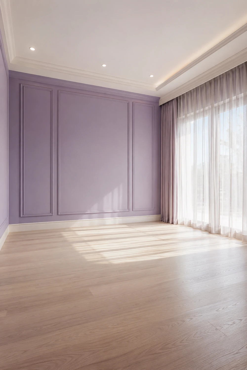Soft lavender bedroom with elegant wall molding, sheer floor-to-ceiling curtains, light wood flooring, natural sunlight, pastel purple walls, and bright airy interior design inspiration.