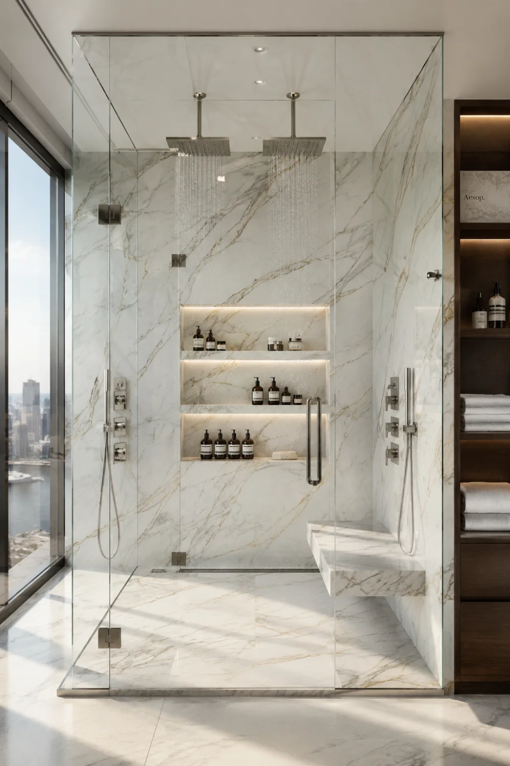 Floor-to-ceiling glass box shower with marble walls, dual rainfall showerheads, floating bench, illuminated niches, and luxury modern bathroom design.