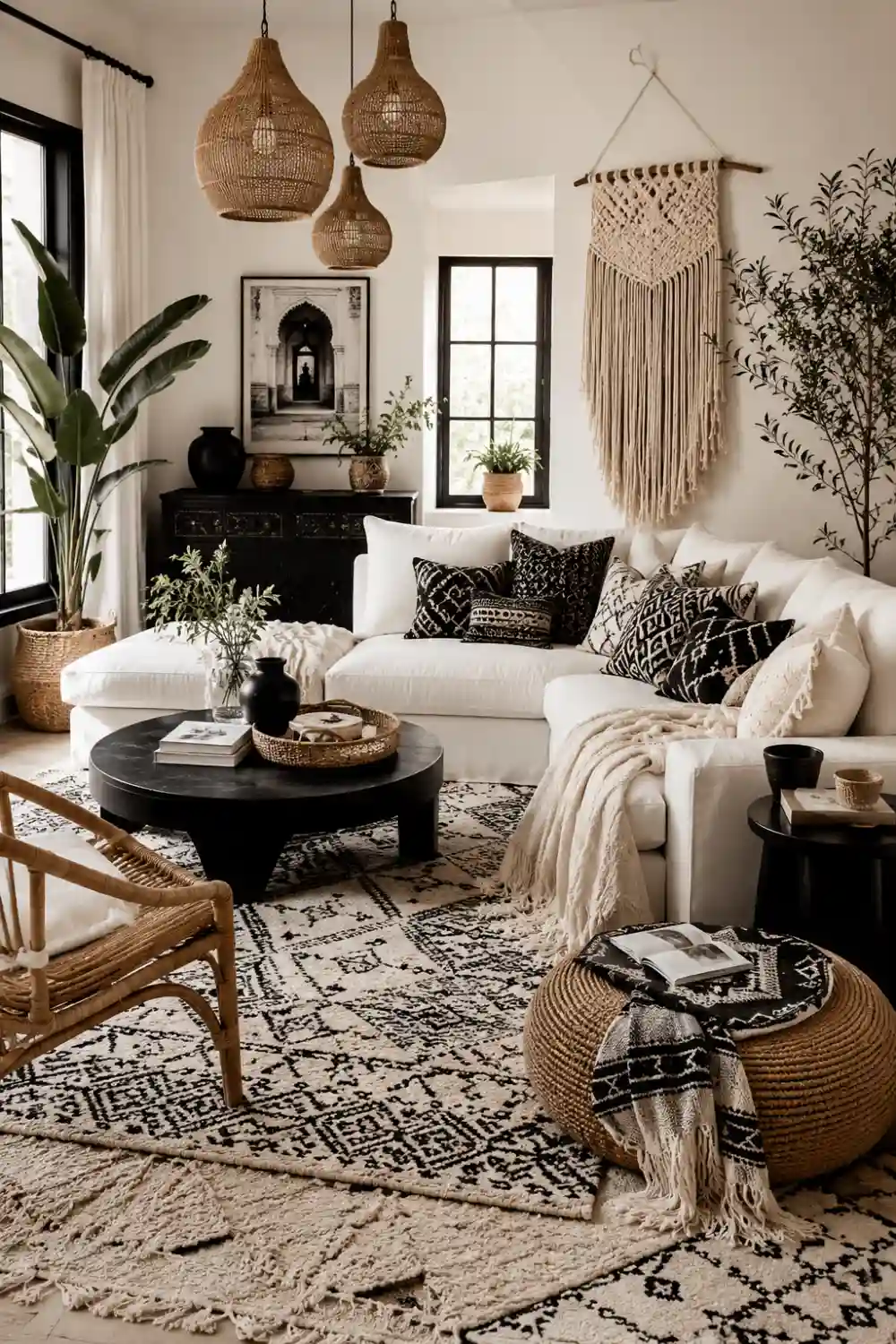 Black and white boho living room with woven pendant lights, patterned rug, macrame wall hanging, white sofa, and natural textures.