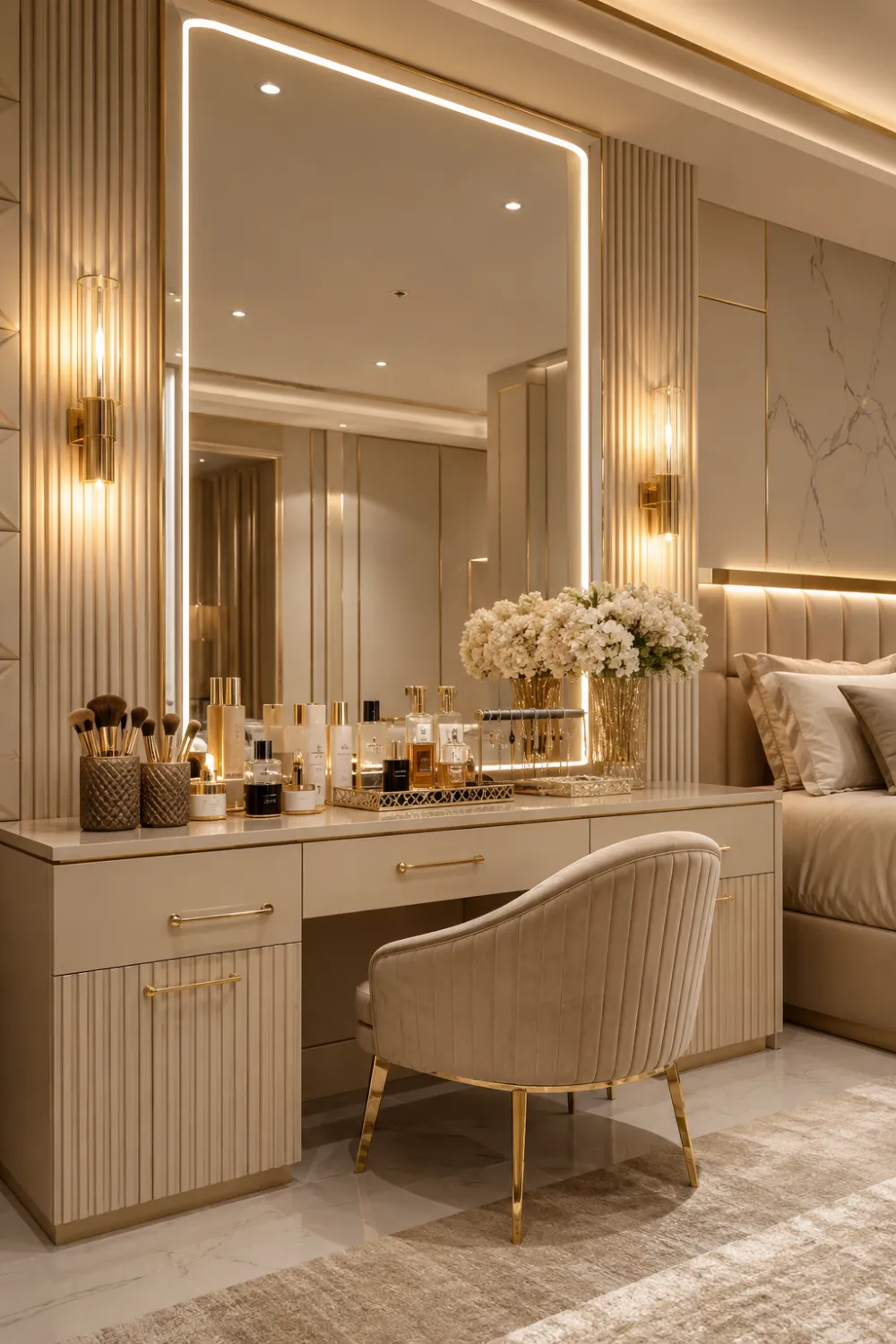 Beige luxury bedroom vanity with illuminated mirror, fluted detailing, gold hardware, makeup brushes, skincare products, floral arrangements, upholstered chair, and sophisticated neutral bedroom styling