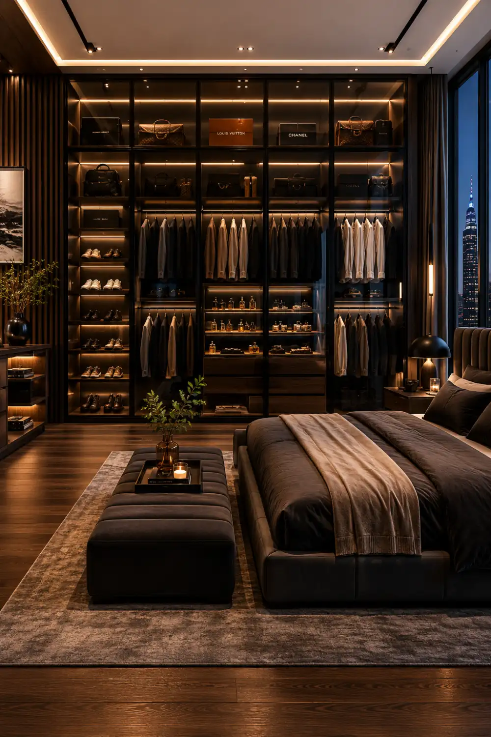 Black glass luxury wardrobe with illuminated shelving, designer clothing displays, dark wood flooring, ambient lighting, and a sophisticated contemporary bedroom interior.