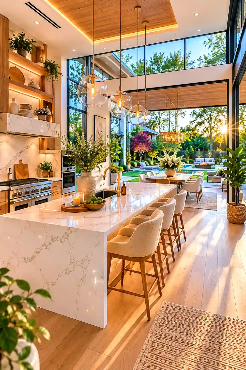 Modern glass wall open kitchen featuring floor-to-ceiling windows, luxury marble waterfall island, contemporary pendant lighting, warm wood accents, indoor outdoor living design, landscaped backyard views, and bright natural sunlight throughout the space.