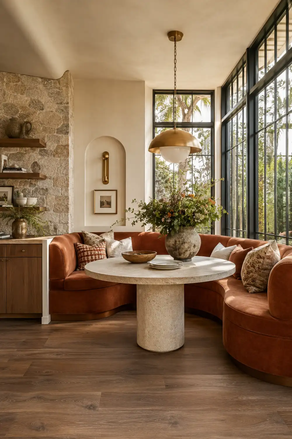 Curved caramel leather corner banquette breakfast nook with round travertine pedestal table, brass pendant lighting, textured stone wall, oversized windows, decorative pillows, and warm contemporary interior design.