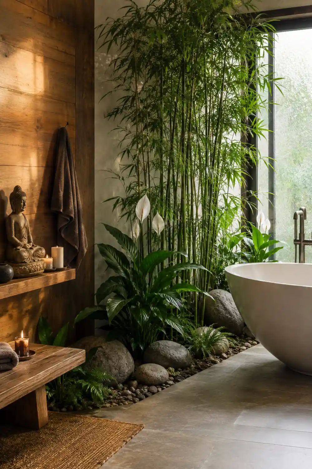 Luxury spa bathroom corner with tall bamboo plants, peace lilies, decorative stones, natural wood accents, freestanding bathtub, and calming wellness-inspired decor