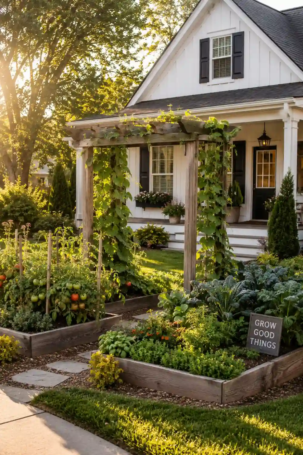 Front yard vegetable garden with a rustic wooden pergola covered in climbing vines and vegetables, surrounded by raised beds growing tomatoes, herbs, leafy greens, and seasonal crops in front of a charming farmhouse home.
