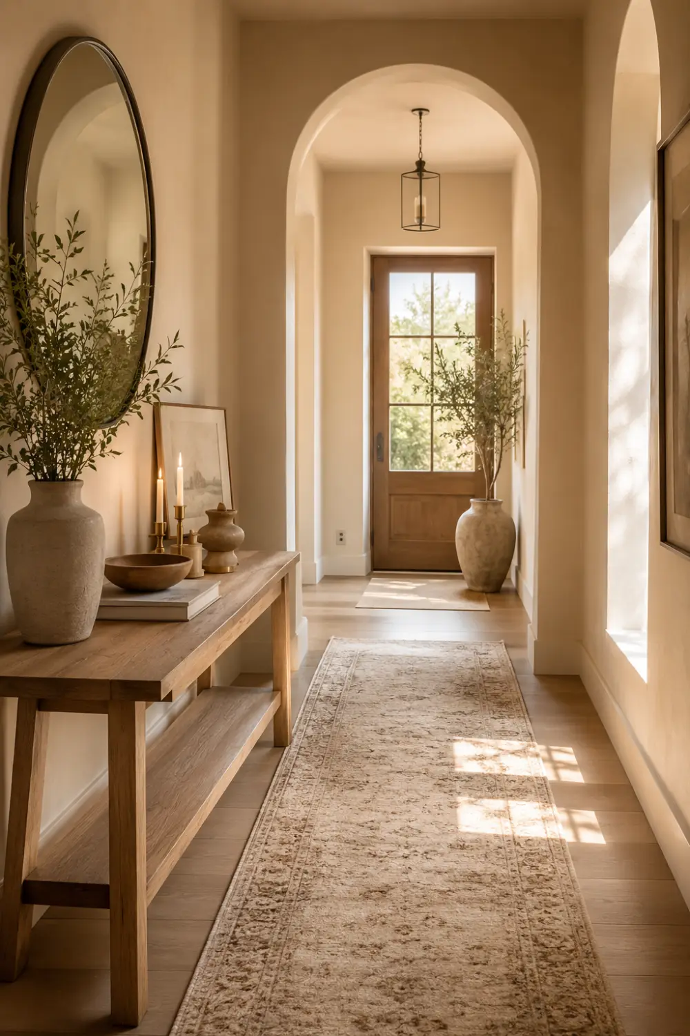 Modern townhouse hallway with textured runner rug, large round mirror, wooden console table, decorative ceramic vases, arched doorway, beige walls, oak flooring, and natural sunlight creating a sophisticated and welcoming interior.