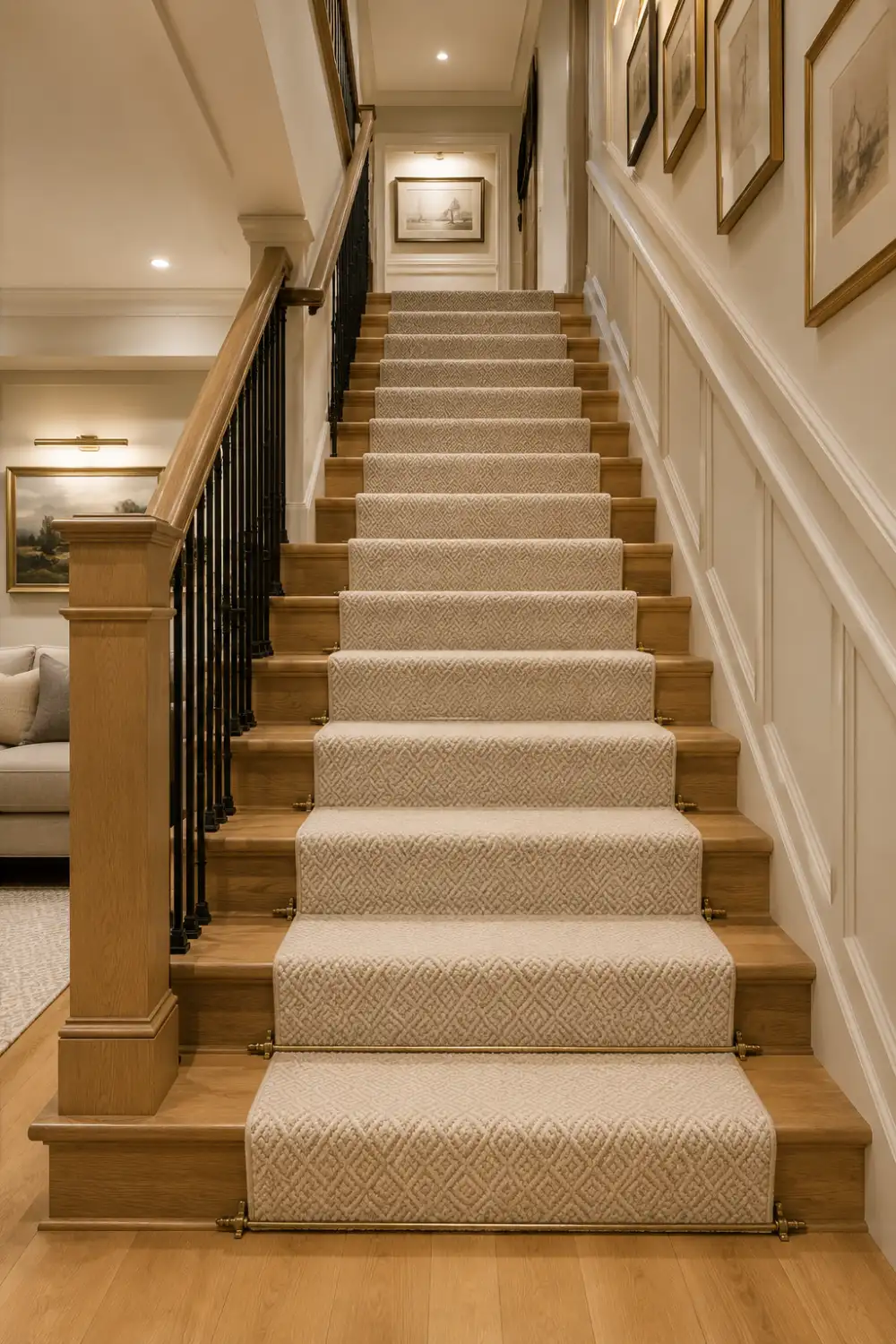 Elegant basement staircase with textured carpet runner, brass stair rods, wood treads, wall paneling, and cozy traditional interior design