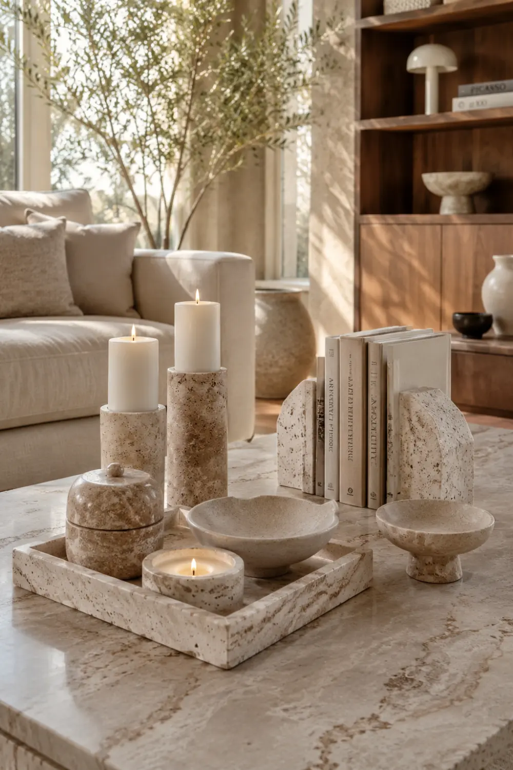 Luxury travertine decor accessories arranged on a marble coffee table including candle holders, decorative bowls, bookends, and a stone tray. Elegant natural textures, warm neutral colors, and designer styling create a sophisticated organic modern living room aesthetic.