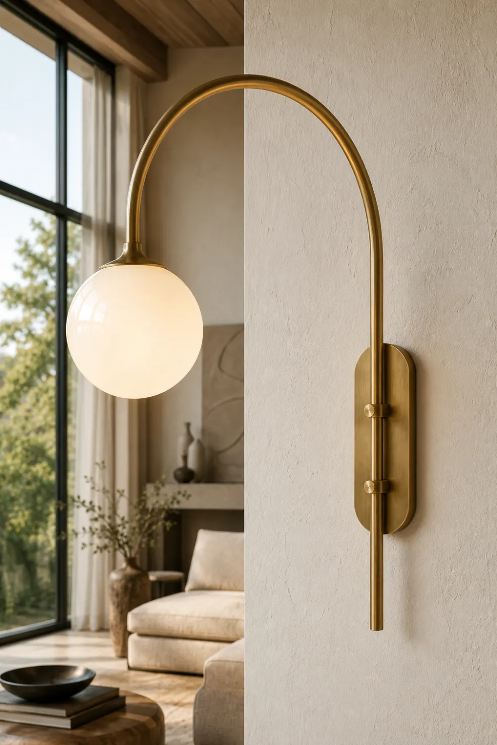 Modern arched brass wall light with a curved arm and frosted globe shade mounted on a textured wall beside large windows, creating a luxurious and inviting atmosphere in a designer living room.