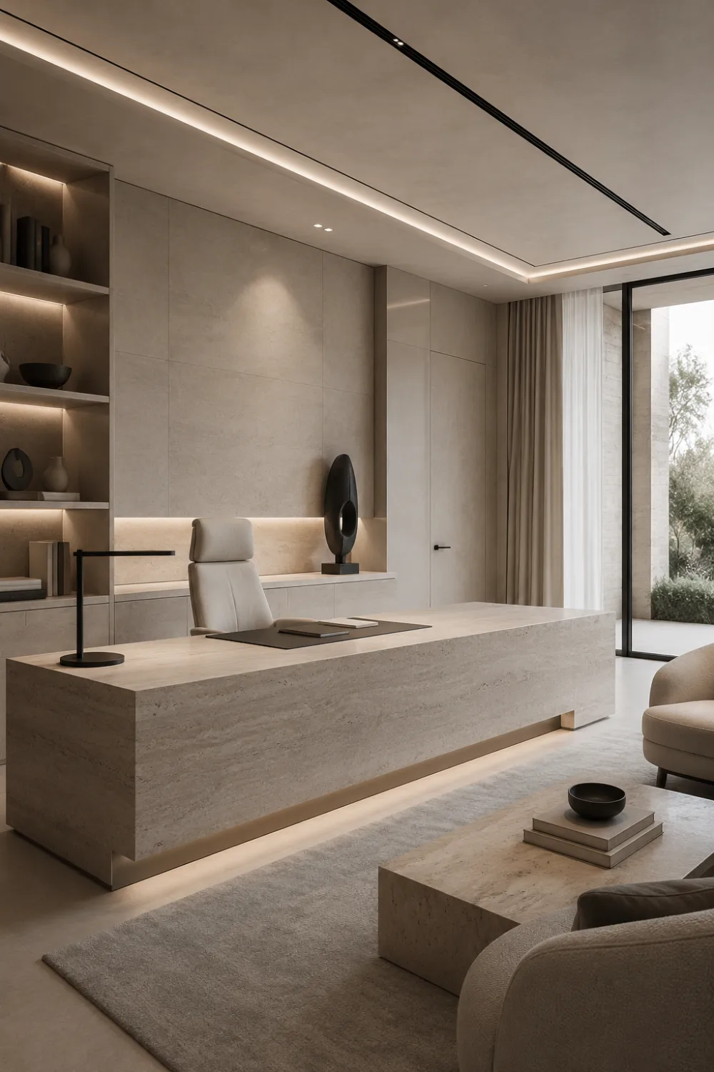 Architectural minimalist office featuring a monolithic stone desk, seamless wall panels, hidden storage, soft neutral tones, integrated lighting, modern furnishings, and a clean contemporary workspace designed for focus and productivity.