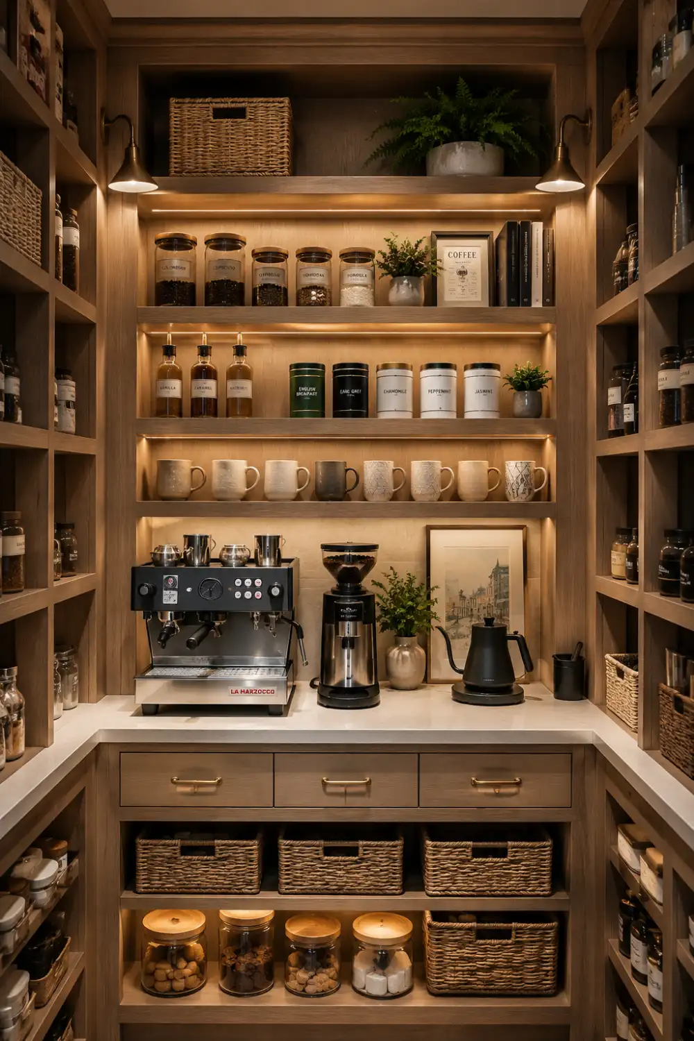 Pantry coffee station with custom wood shelving, illuminated storage, coffee containers, ceramic mugs, premium espresso machine, decorative baskets, and organized beverage supplies arranged in a dedicated pantry coffee corner.
