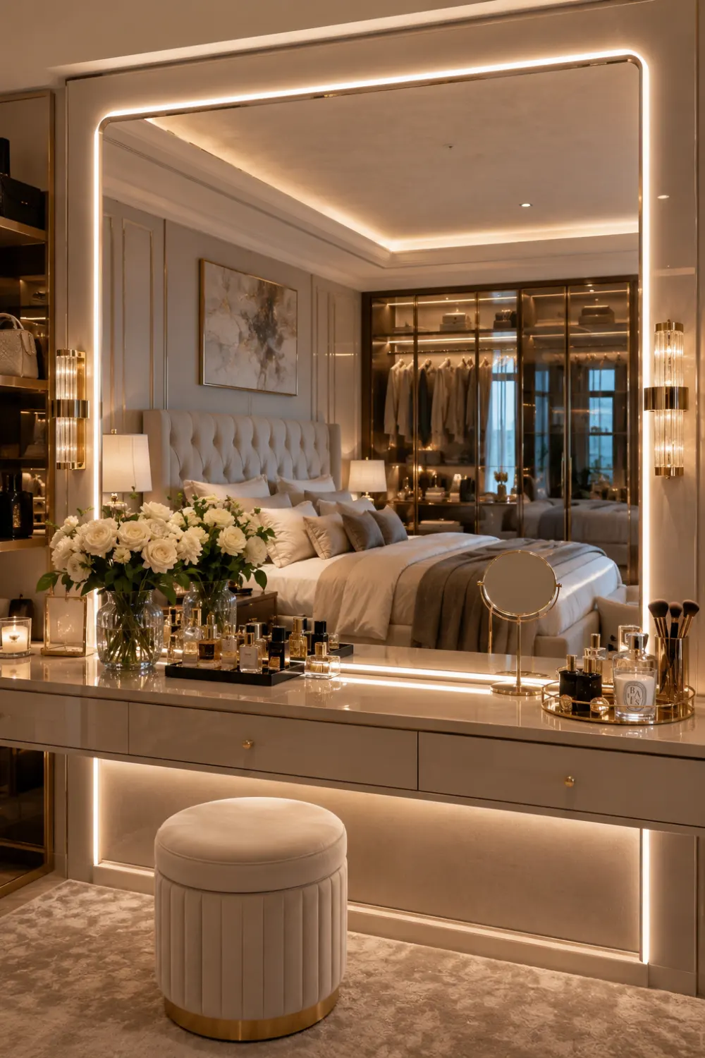 Backlit LED vanity mirror with warm ambient lighting, luxury marble vanity, elegant bedroom decor, fresh flowers, beauty accessories, and sophisticated modern interior design