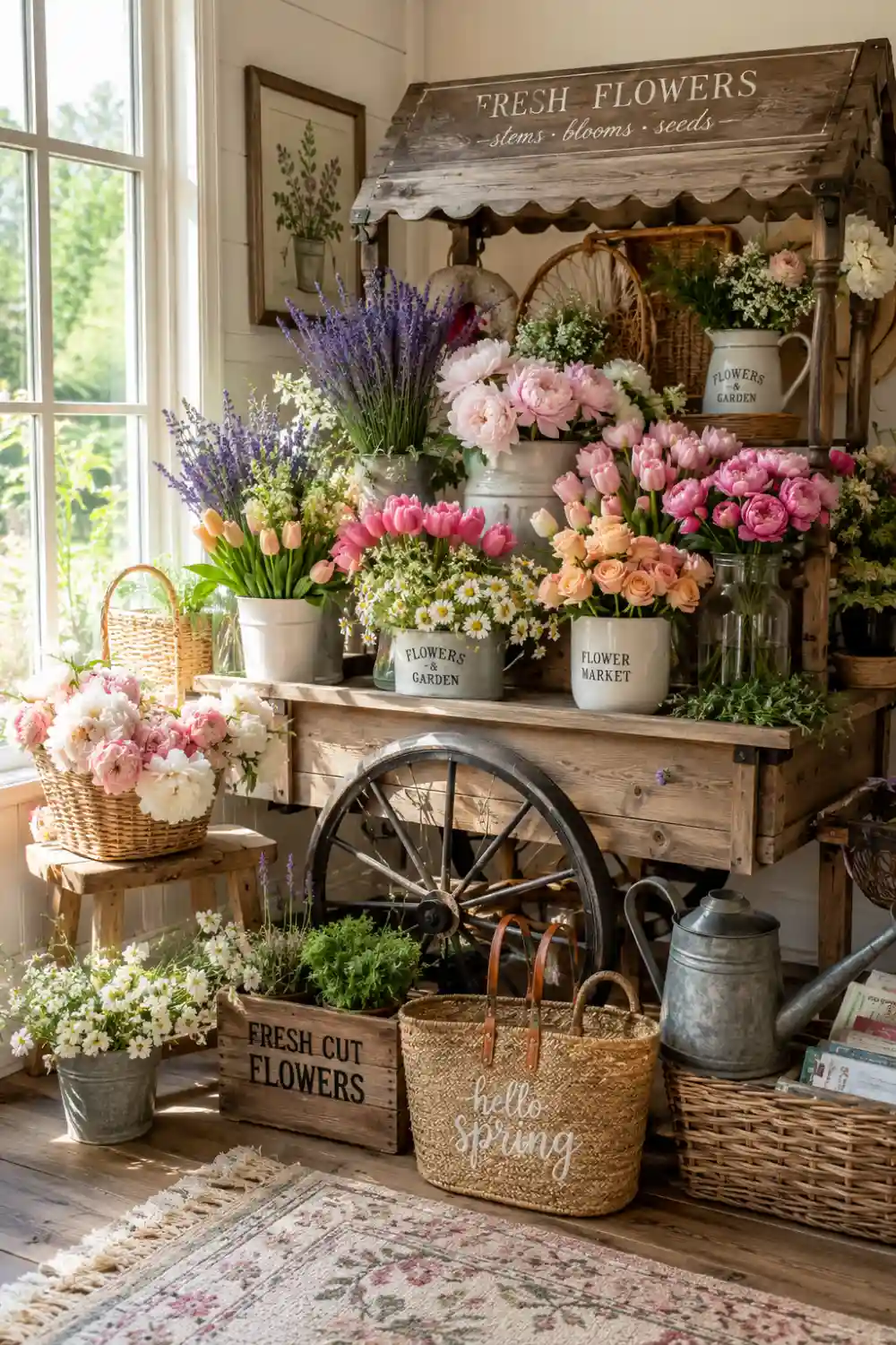 Vintage wooden flower cart decorated with pink tulips, peonies, lavender, daisies, woven baskets, rustic planters, and cottage style accessories creating a charming indoor flower display.