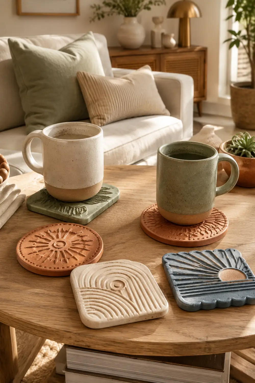Handmade clay coasters with embossed botanical and geometric patterns in terracotta, ivory, sage green, and blue tones displayed on a wooden coffee table beneath ceramic mugs in a cozy living room.