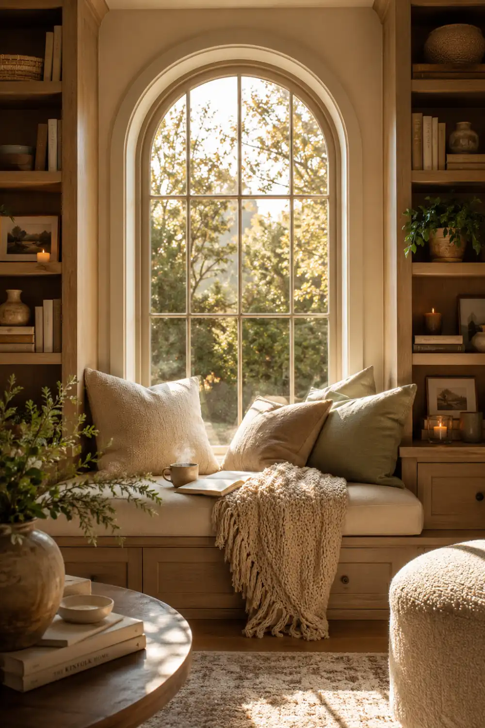 Cozy reading nook window seat with built in bookshelves, arched window, layered neutral pillows, chunky knit blanket, decorative books, candles, and warm golden sunlight. Inviting reading corner designed for comfort, relaxation, and everyday living.