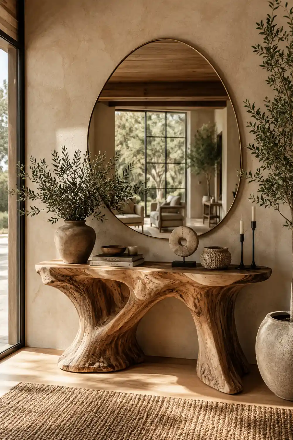 Organic modern wood console table with sculptural handcrafted base, oversized organic mirror, pottery, olive branches, woven textures, and earthy decor in a warm luxury entryway.