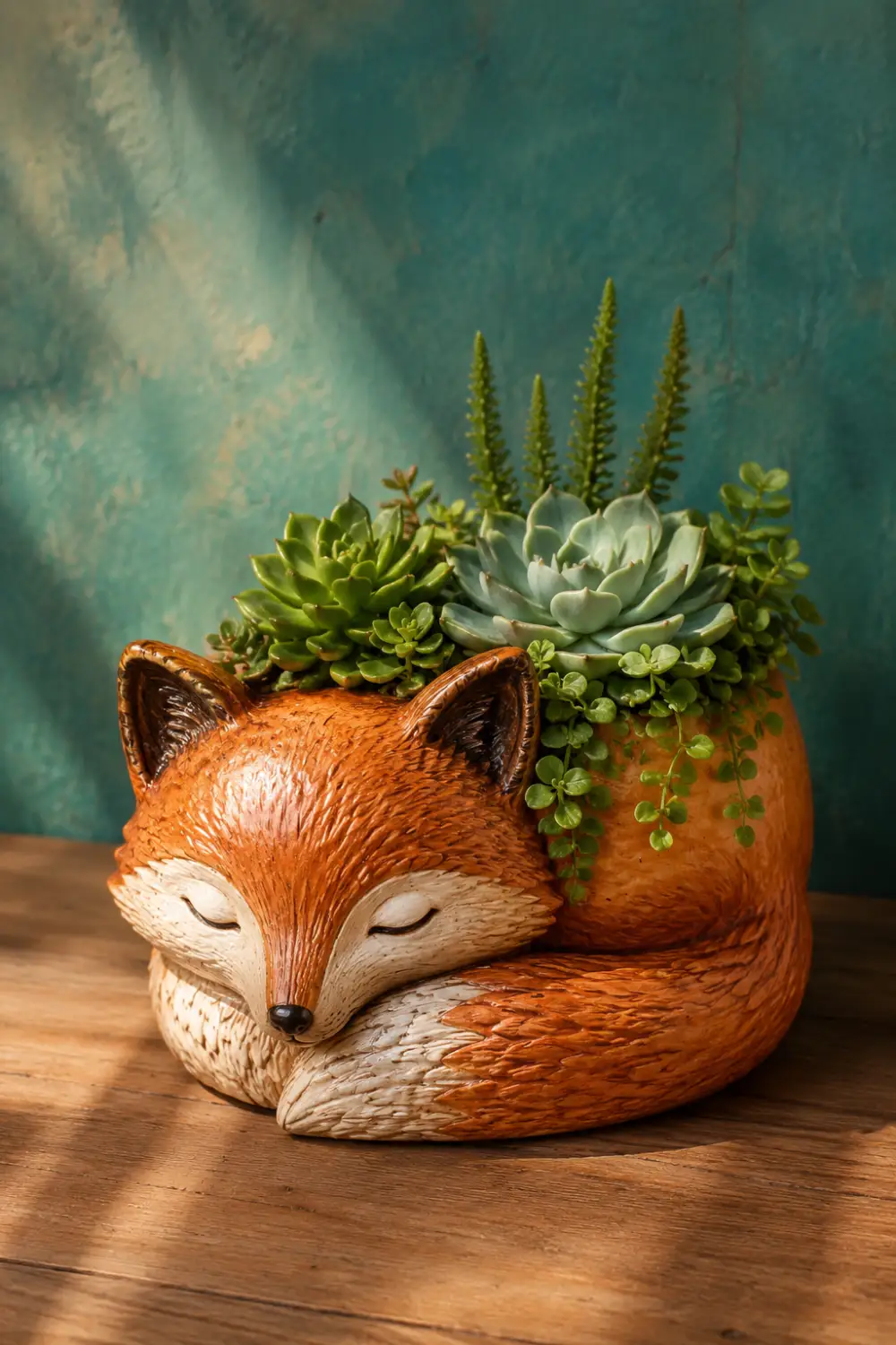 Fox shaped clay planter filled with succulents and greenery on a wooden surface. Creative handmade pottery decor idea for boho interiors, cottage style homes, shelf decor, and unique indoor plant displays.