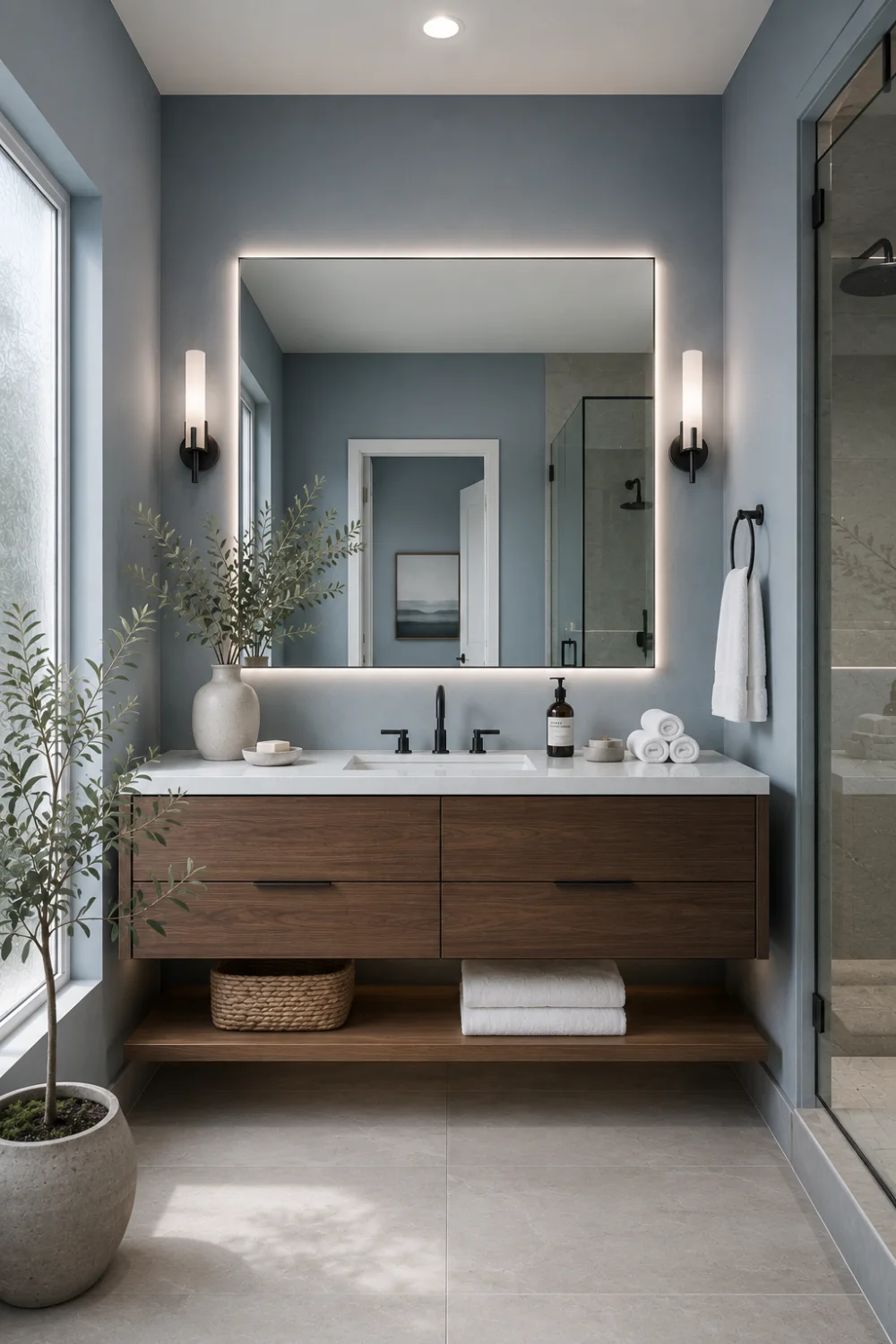 Dusty blue gray bathroom paint color with dark wood vanity, black fixtures, LED mirror, modern shower, and contemporary bathroom remodel
