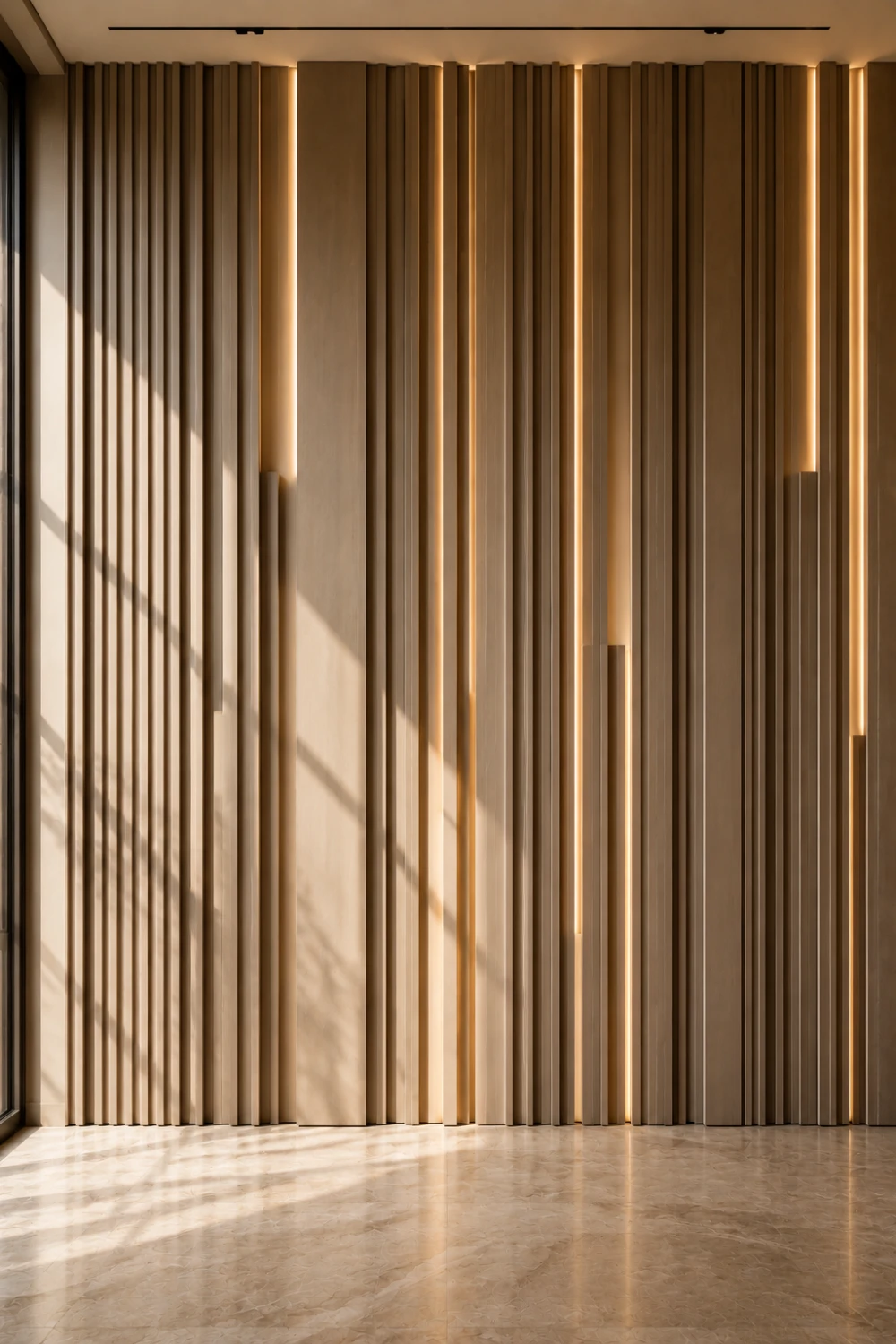 Luxury layered ribbed panel accent wall featuring textured vertical panels, integrated LED lighting, modern architectural wall treatment, contemporary feature wall design with premium designer details.