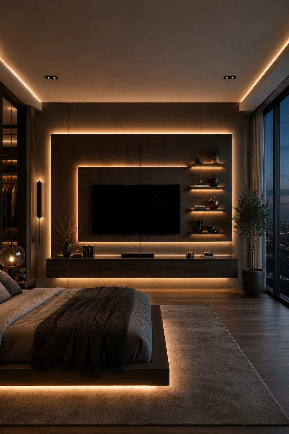 Floating bedroom TV wall with hidden LED halo lighting, modern floating shelves, sleek media console, luxury contemporary bedroom, ambient lighting design, minimalist TV wall decor, and modern bedroom inspiration.
