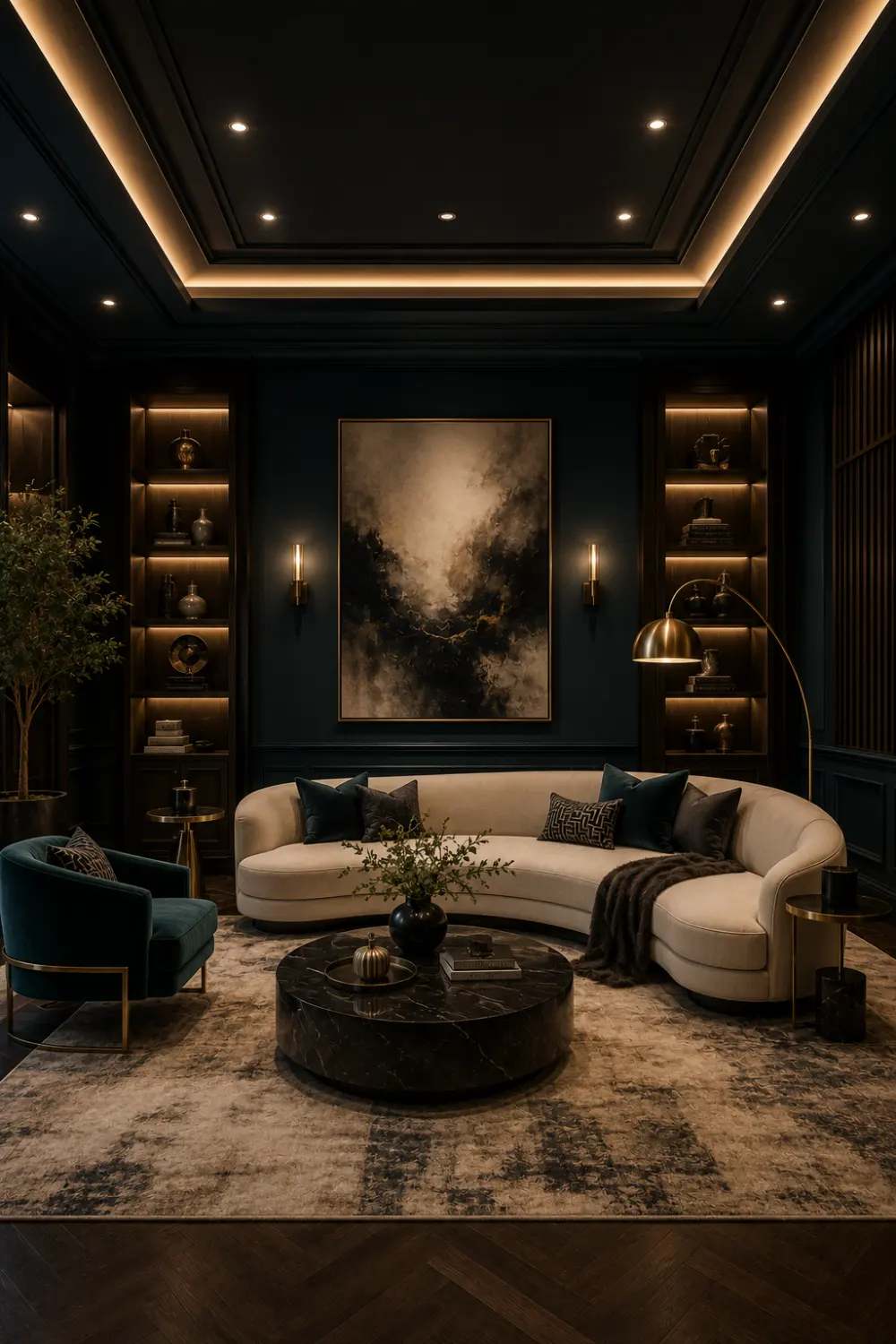 Ocean Ink Blue luxury living room with dark blue walls, cream curved sofa, black marble coffee table, brass floor lamp, built in shelving, warm LED lighting, and modern upscale interior design.