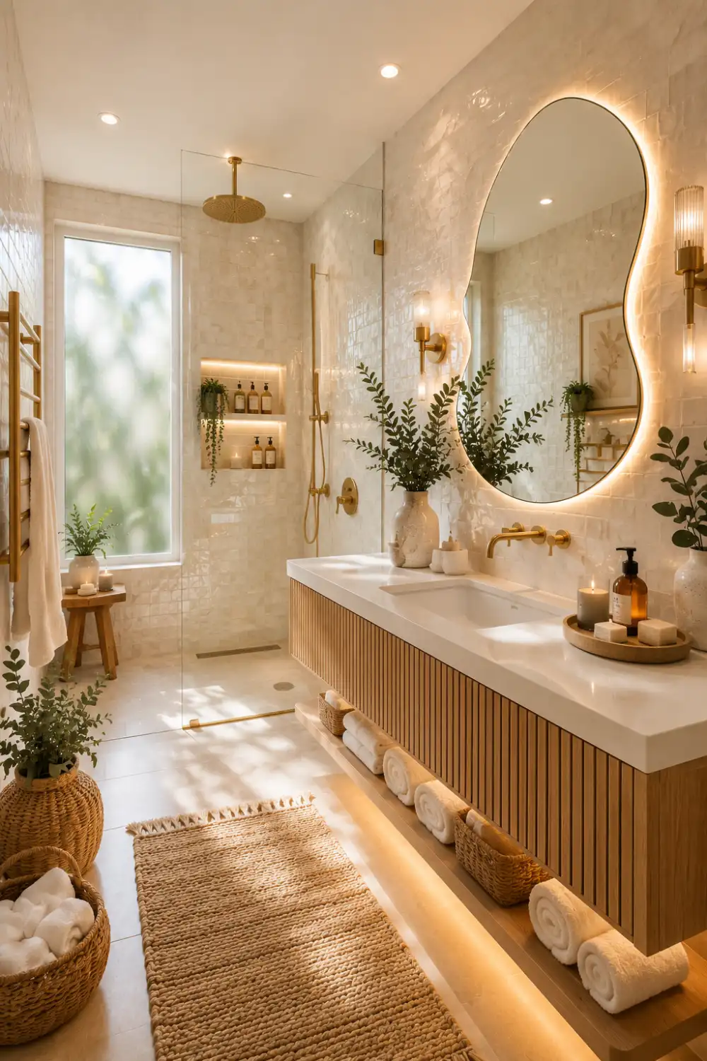 Luxury Zellige tile bathroom featuring glossy ivory handcrafted wall tiles, fluted oak floating vanity, sculptural backlit mirror, brushed brass fixtures, frameless glass shower, illuminated shower niche, woven baskets, candles, fresh greenery, and warm lighting creating a sophisticated boutique hotel bathroom.