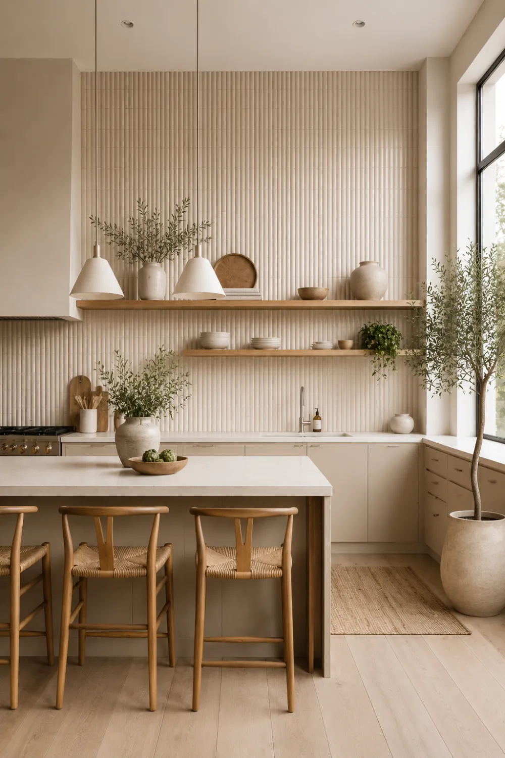 Modern fluted tile kitchen backsplash with elegant vertical textured ceramic tiles in warm beige tones, floating wooden shelves, minimalist cabinetry, white countertops, indoor olive tree, woven decor, and soft natural lighting. This organic modern kitchen offers a calm, luxurious, and sophisticated interior design.