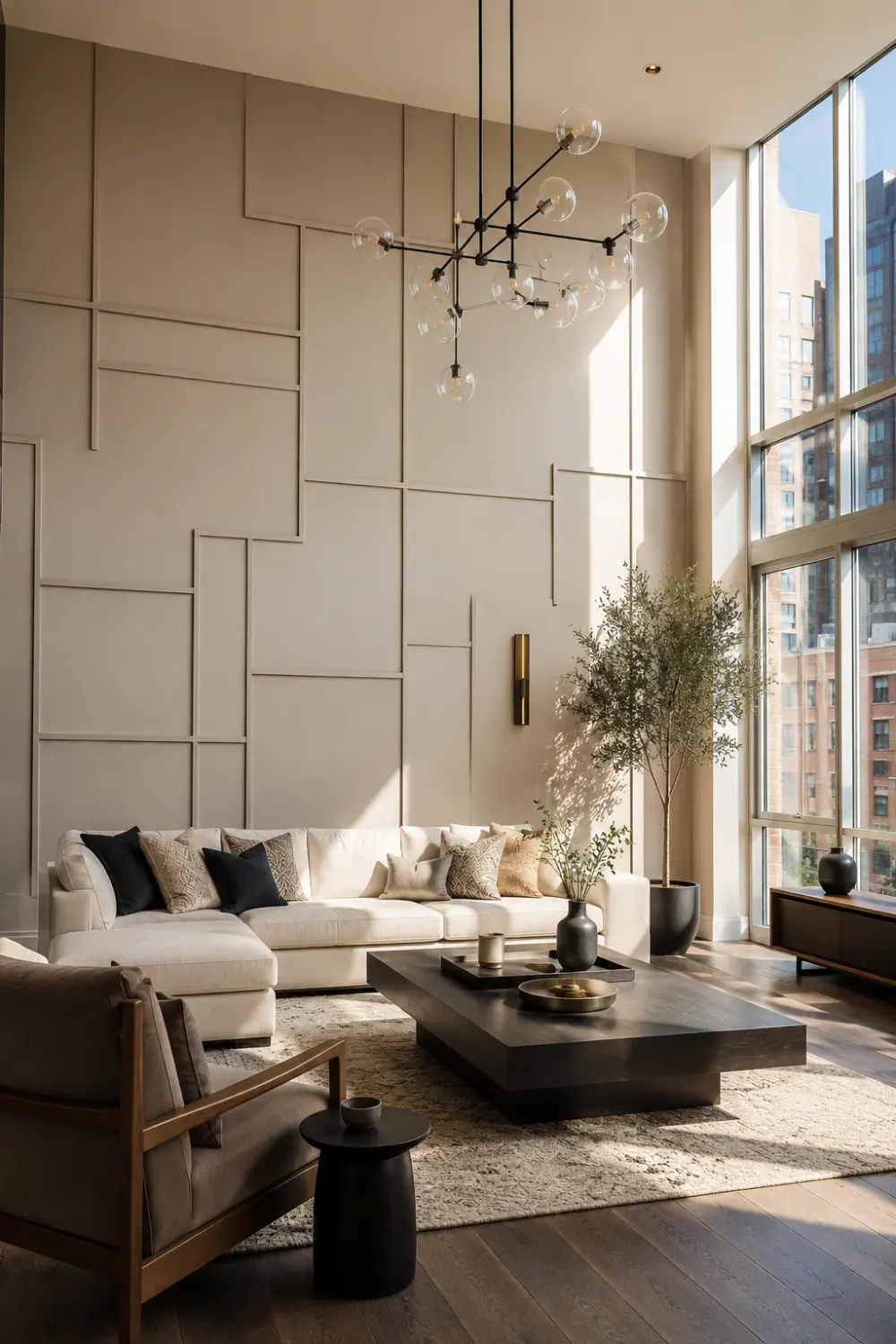 Geometric modern wainscoting in a contemporary living room featuring custom wall molding patterns, high ceilings, floor-to-ceiling windows, designer furniture, and luxury modern interior architecture.