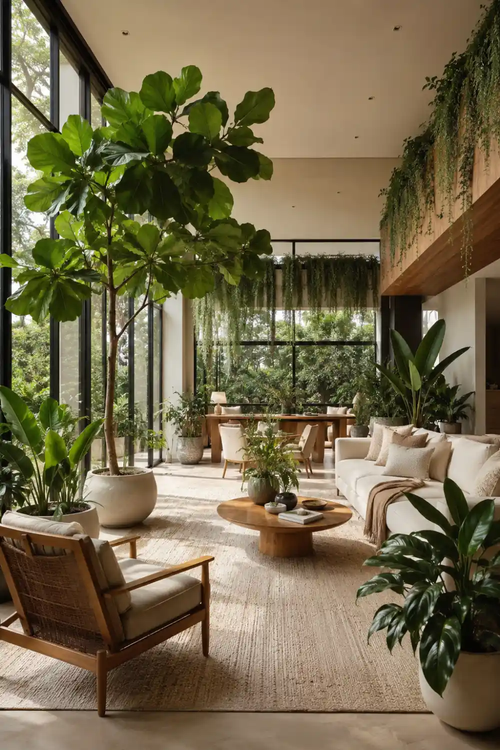 Modern living room filled with lush indoor plants, large fiddle leaf fig tree, hanging greenery, natural sunlight, organic wood furniture, neutral decor, and biophilic interior design elements.
