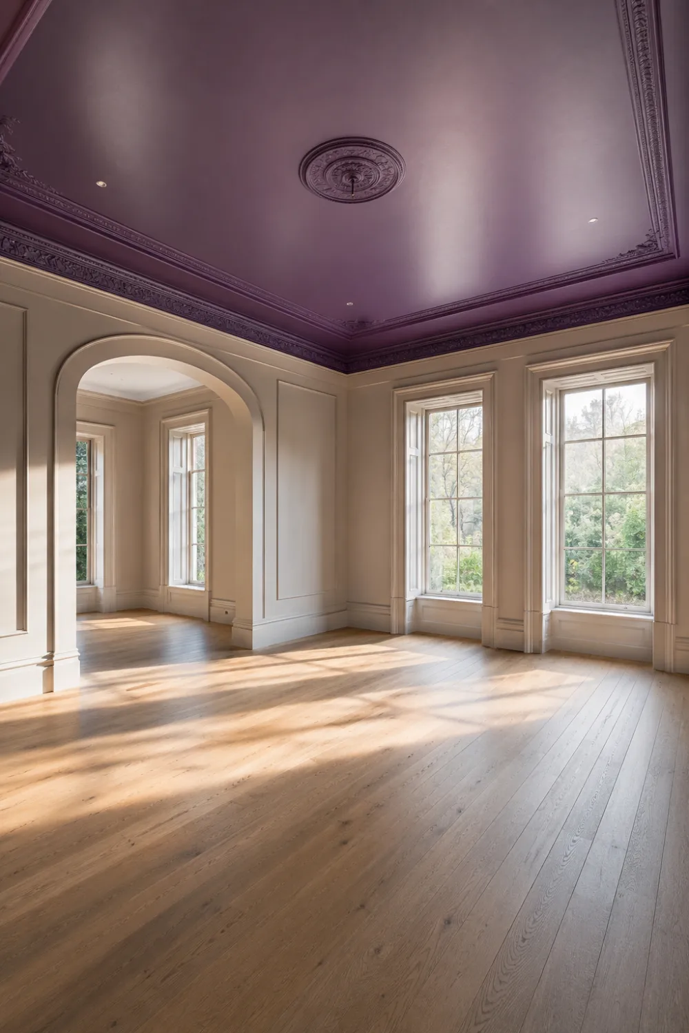 Elegant room featuring a dramatic purple statement ceiling, decorative crown molding, large windows, neutral walls, natural daylight, and luxury modern interior design with bold ceiling paint inspiration.