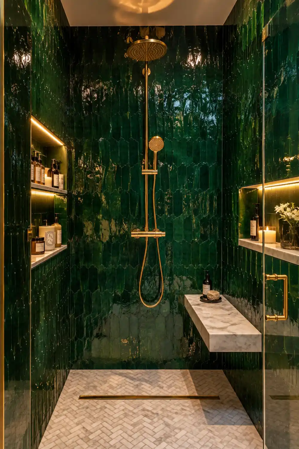 Emerald green zellige tile shower with gold fixtures, floating marble bench, illuminated storage niches, and luxury boutique hotel bathroom design.