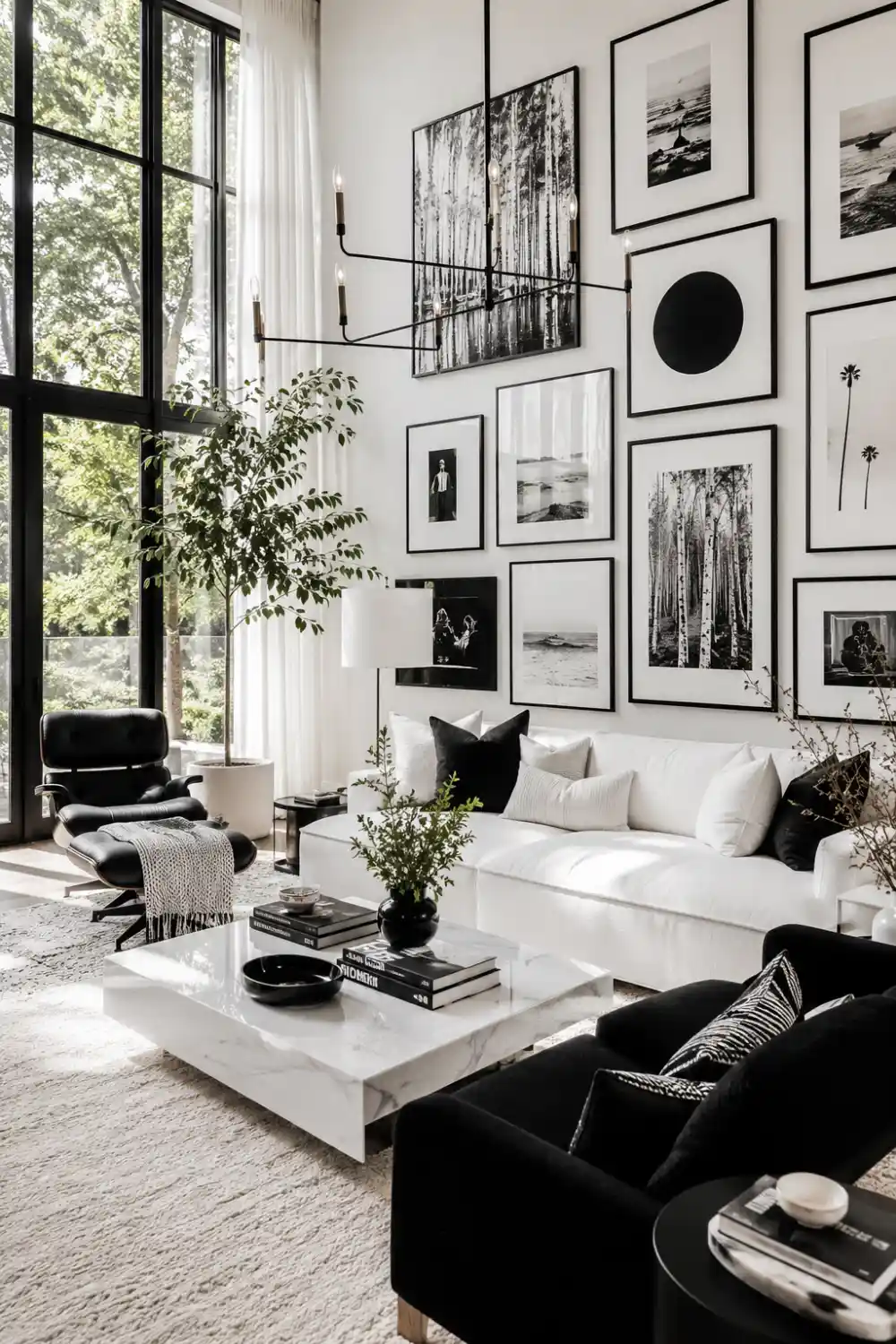 Monochrome gallery wall living room with black framed artwork, white sofa, marble coffee table, black chairs, and modern decor.