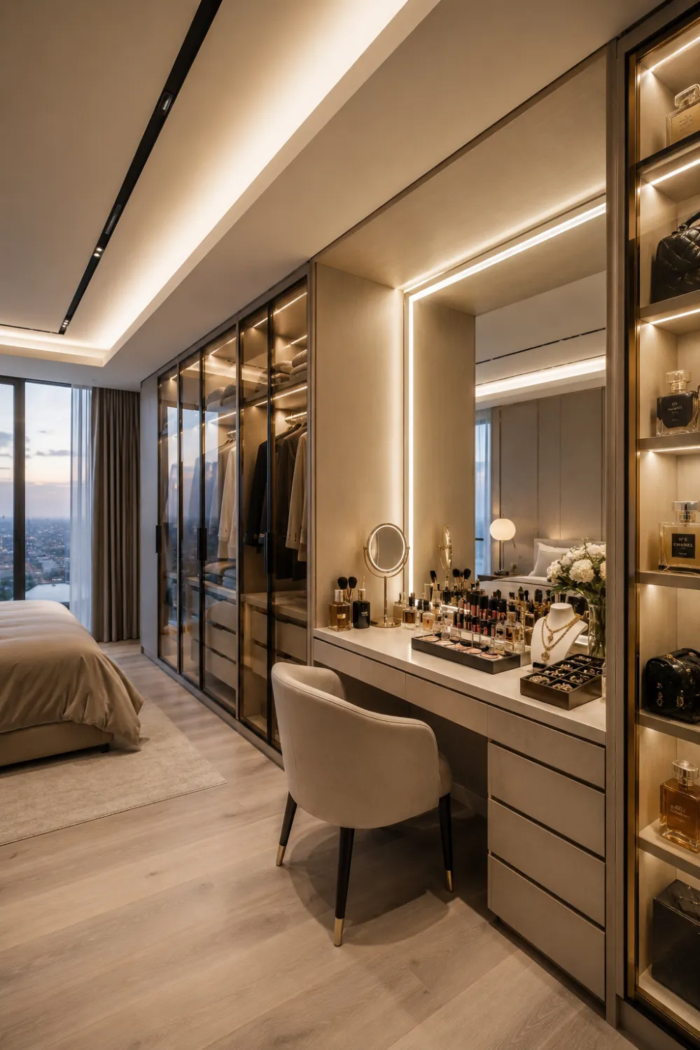 Built-in wardrobe dressing table with glass wardrobes, LED lighting, beauty station, luxury makeup storage, designer handbags, jewelry displays, upholstered chair, and modern walk-in closet bedroom design