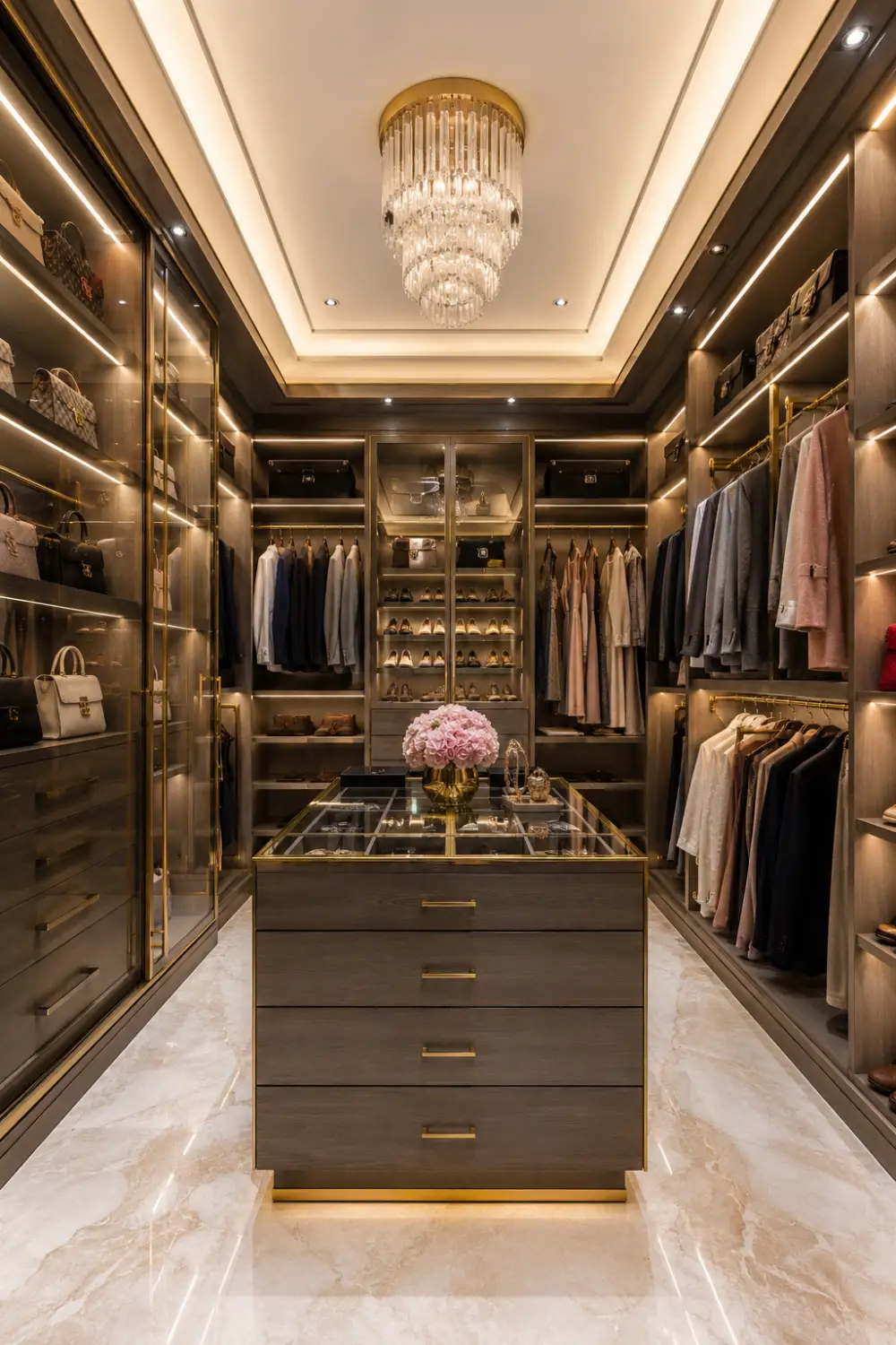 Luxury walk-in closet with center island, custom shelving, illuminated display cabinets, marble flooring, crystal chandelier, and high-end wardrobe organization.