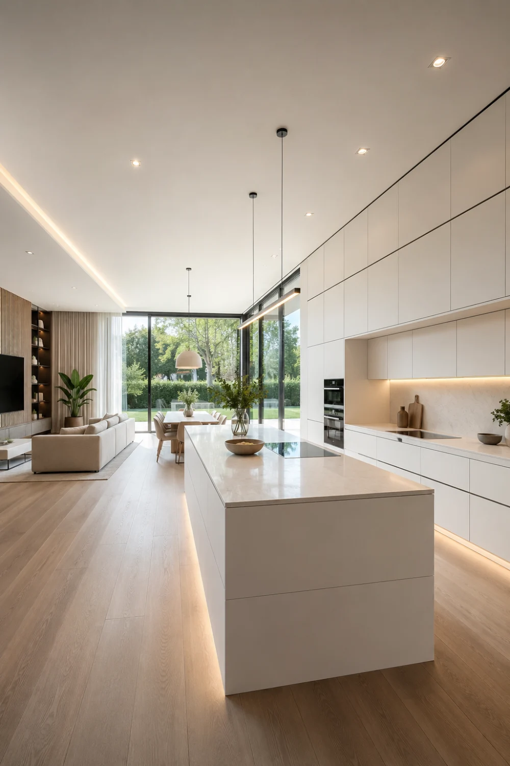 Minimalist handleless open kitchen with sleek white cabinetry, integrated appliances, hidden storage, modern island, recessed lighting, warm wood flooring, clean architectural lines, and a sophisticated open concept living and dining area.