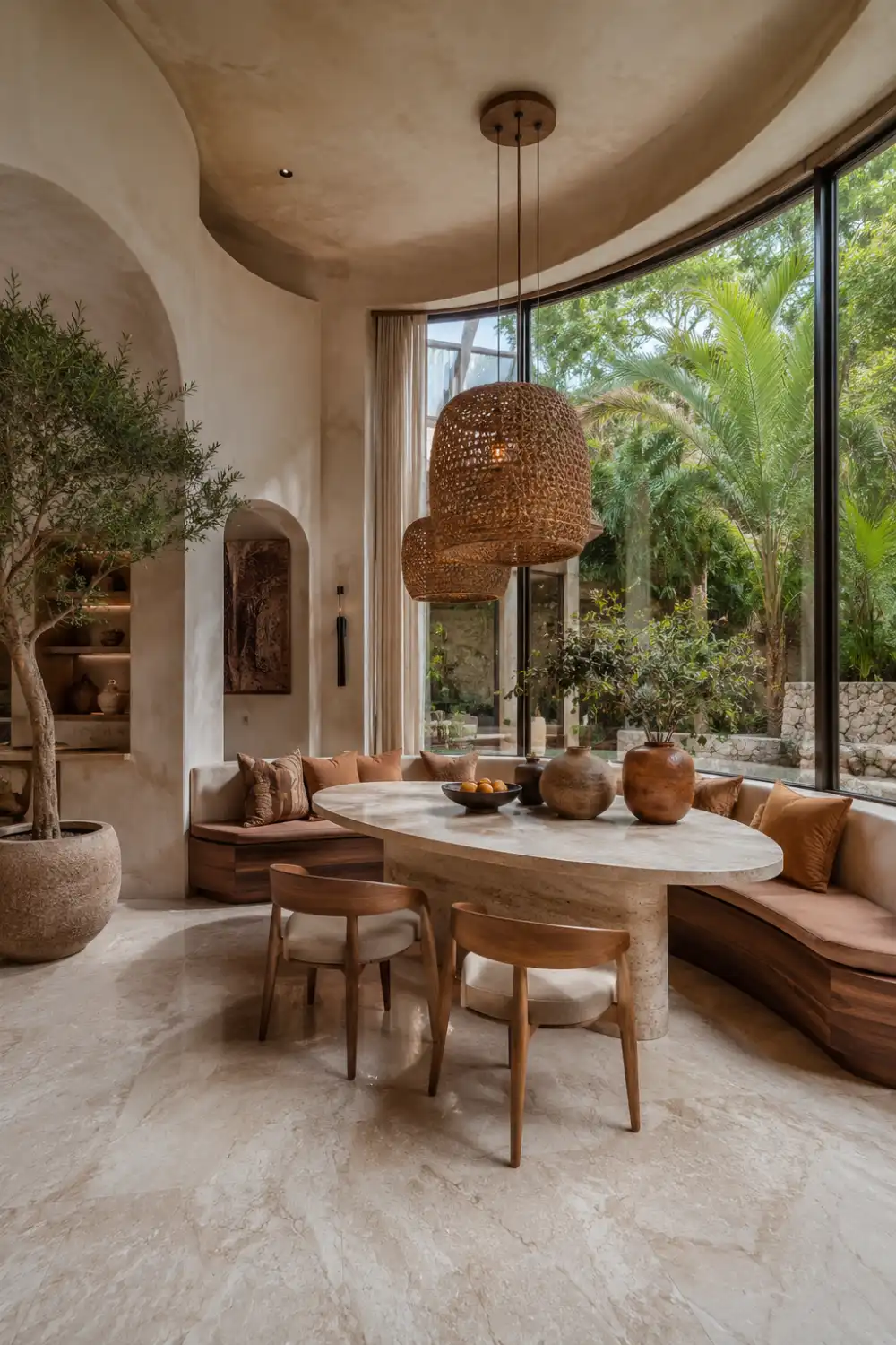 Organic modern breakfast nook with curved built-in seating, sculptural stone dining table, woven pendant lights, textured plaster walls, indoor olive tree, floor-to-ceiling windows, and earthy luxury home decor.