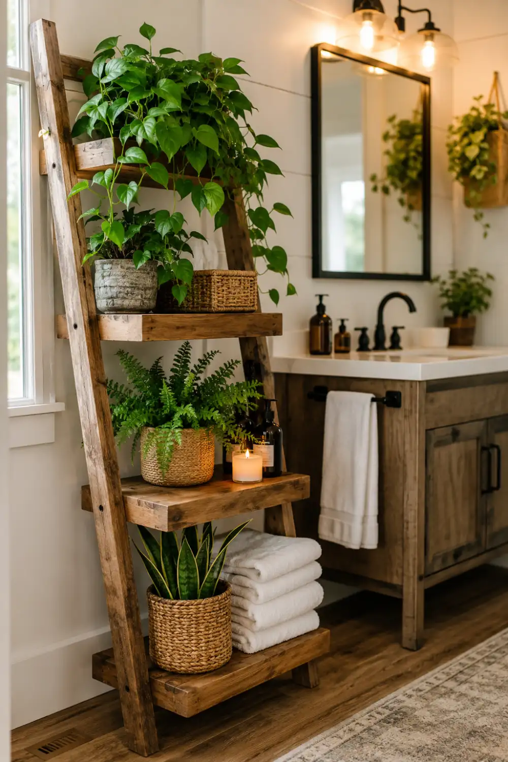 Rustic ladder shelf in a modern bathroom displaying pothos, ferns, snake plants, woven baskets, candles, folded towels, and decorative bathroom accessories