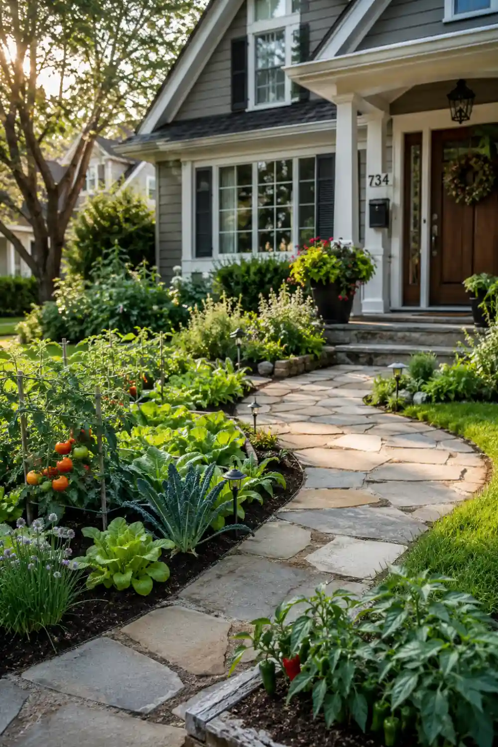 Curved pathway front yard vegetable garden featuring winding stone walkways lined with tomatoes, kale, peppers, lettuce, herbs, and ornamental plants leading toward a beautiful suburban home surrounded by mature landscaping.
