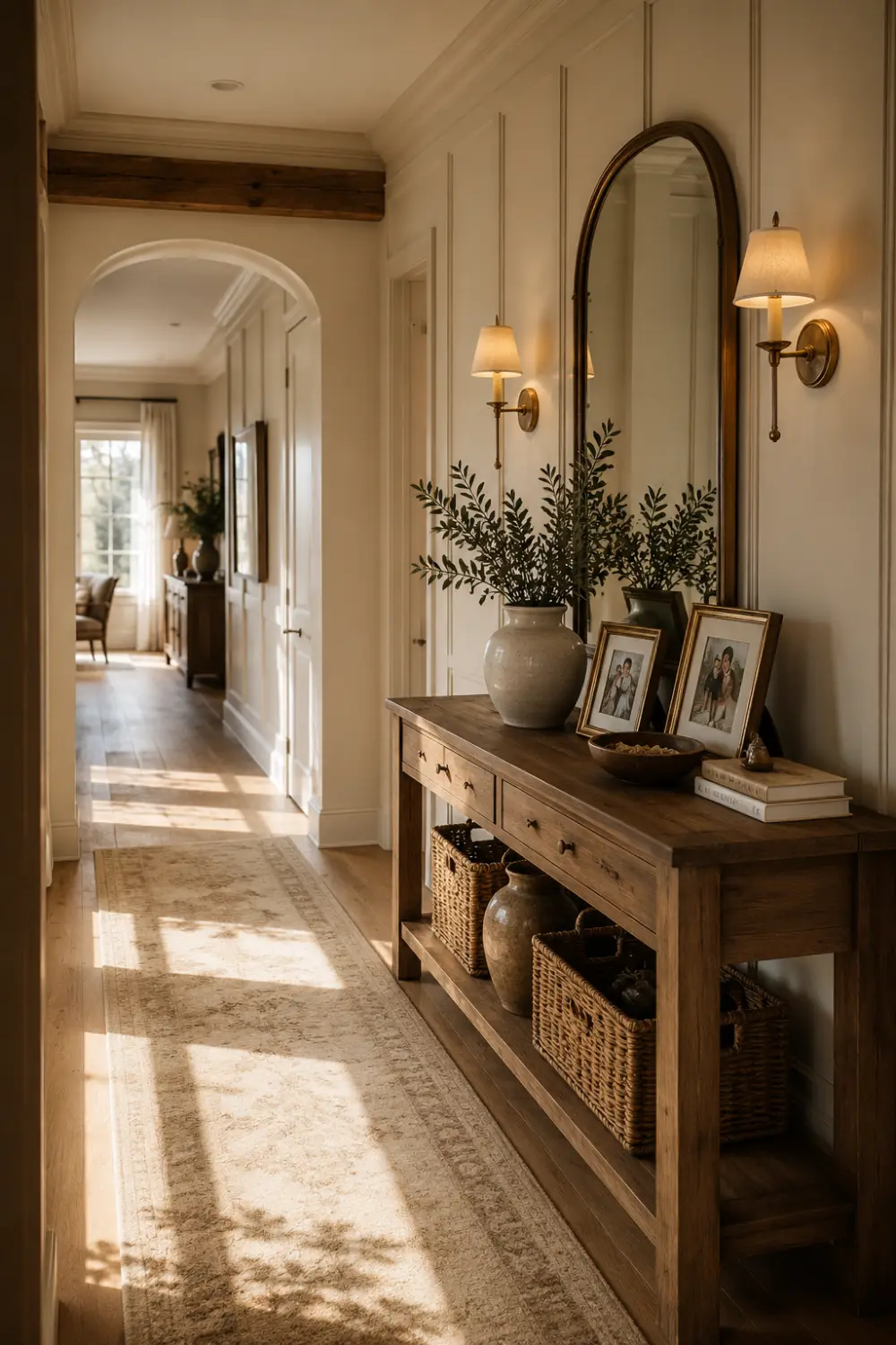 Modern farmhouse hallway with decorative wall molding, dark wood console table, woven storage baskets, framed family photos, brass wall sconces, neutral runner rug, and soft natural lighting creating a warm and timeless space.