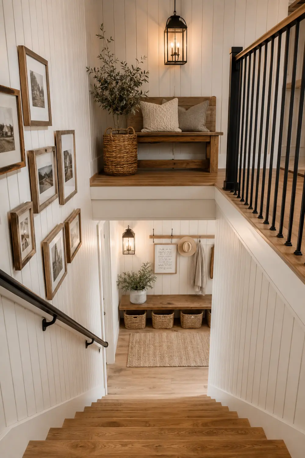 Farmhouse basement staircase with white shiplap walls, rustic wood steps, black metal railing, gallery wall, and cozy farmhouse decor
