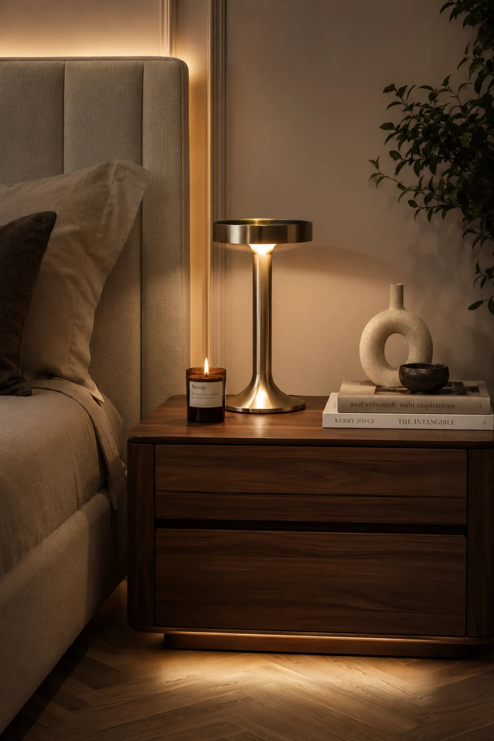 Modern smart ambient table lamp with a sleek metallic finish placed on a stylish wood nightstand beside a luxury upholstered bed. Warm lighting, decorative books, candles, and minimalist accessories create a cozy hotel-inspired bedroom atmosphere.