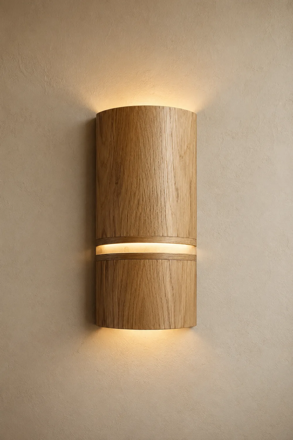Modern wood accent wall sconce with natural oak-inspired texture and integrated warm LED lighting mounted on a neutral wall, creating a cozy Scandinavian-inspired interior aesthetic.