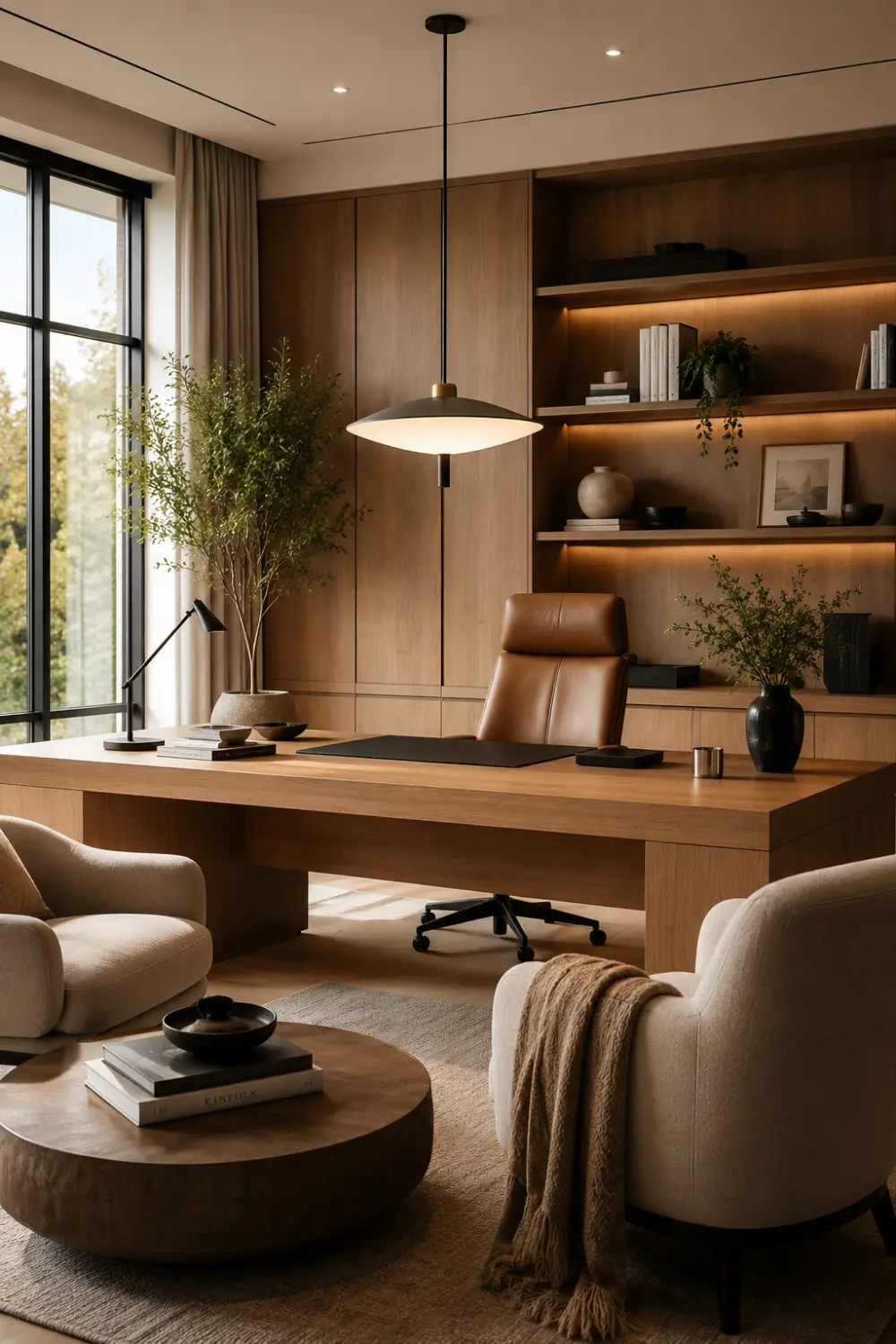 Luxury Scandinavian office with natural oak furniture, warm neutral colors, built-in shelving, modern pendant lighting, indoor plants, comfortable seating, and a bright workspace inspired by Nordic interior design.