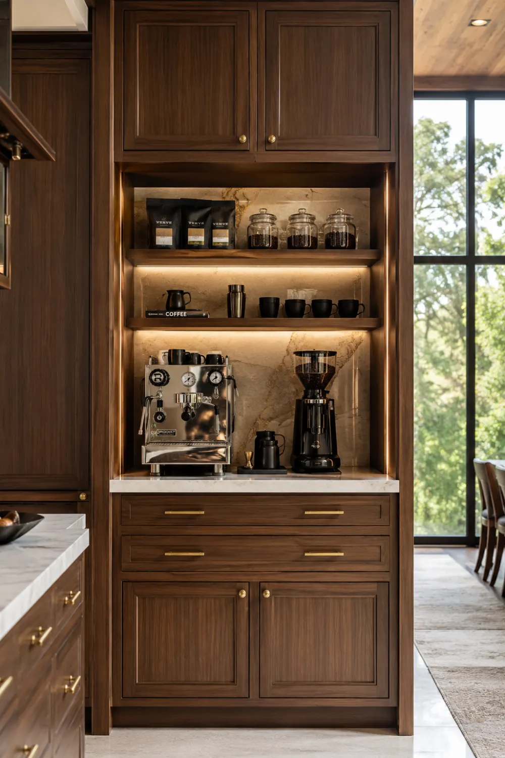 Built in coffee station integrated into custom kitchen cabinetry with stone backsplash, floating shelves, espresso machine, coffee grinder, decorative accessories, and elegant hidden storage for a luxury kitchen design.