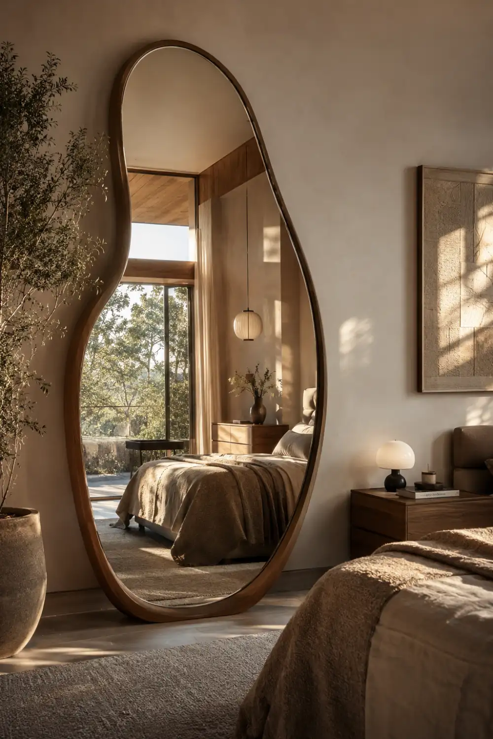 Organic shaped full length mirror with sculptural curves in a modern bedroom featuring warm wood tones, soft textiles, floor to ceiling windows, natural sunlight, and designer interior styling